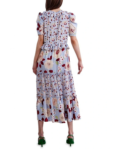 Luxury Lavender Midi Dress Design Collar Frill <b>Short</b> sleeves Regular Fit V-neck All-over floral prints Tiering in <b>skirt</b> - Product Image 3