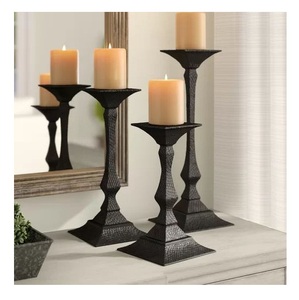 Rustic <b>Hammered</b> Black Pillar Candle <b>Holder</b> Set of 3 Vintage Cast Iron Style Metal Candle Stands Large Multi-Height Pedestals - Product Image 3