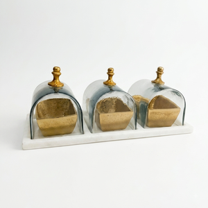 Ensemble de 3 plateaux de service pour fruits secs en marbre blanc avec base en bois, couvercle et poignées latérales, plateau à collation doré, vaisselle - Product Image 6