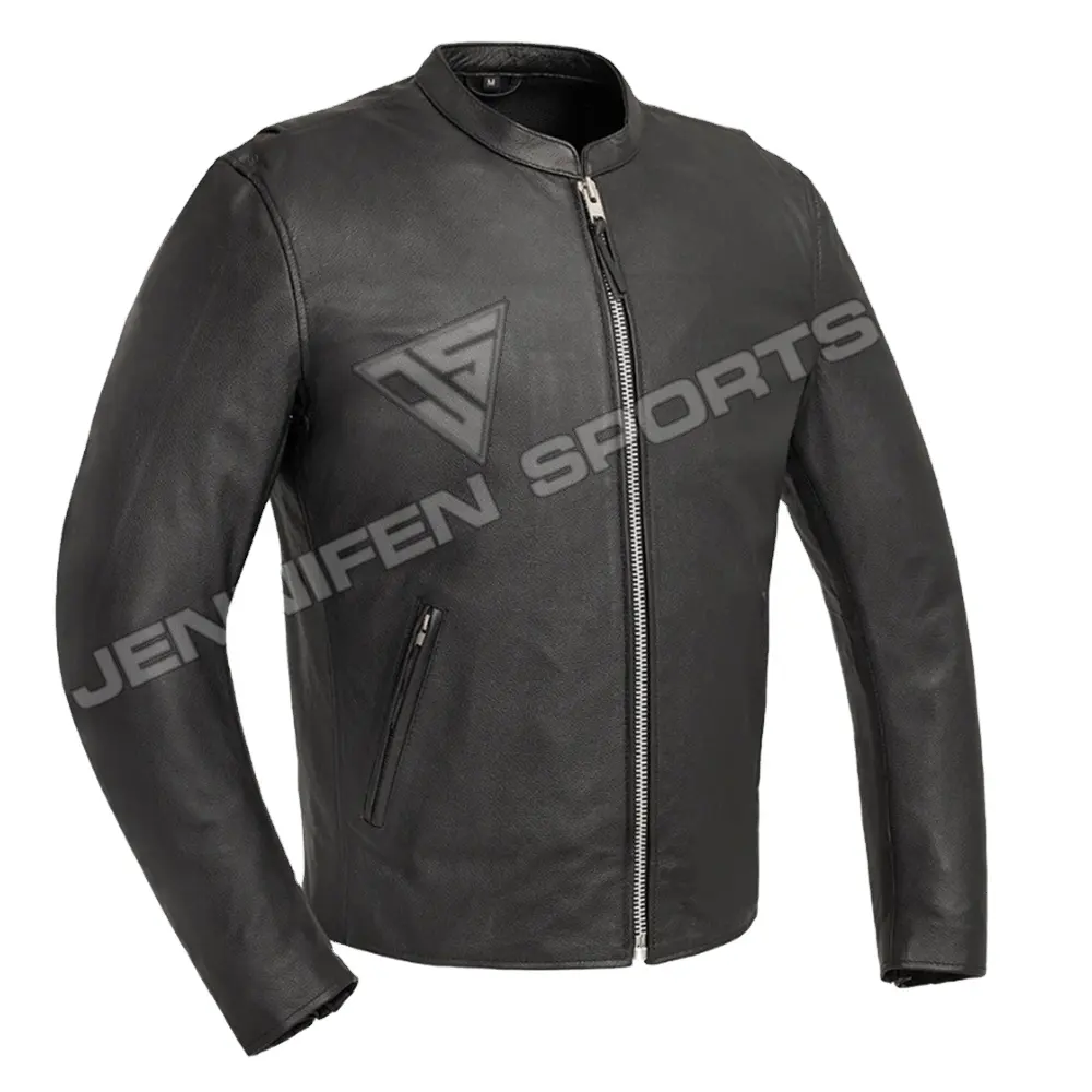 2024 Motorcycle Men's Genuine Cowhide Smooth Leather Jacket Inside Pockets Zippers Closing Leather Collar Inside Mesh Lining