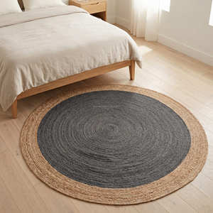 4 Ft Light Grey <b>Round</b> Jute Floor Rug with Hand Braided Natural Border for Scandinavian Home Décor - Product Image 4
