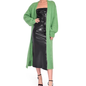 Cárdigan de punto suave verde aloe, vestido midi de tubo de piel sintética negra, conjunto de lujo de mezcla de lana/cachemira en capas para un estilo chic de invierno - Product Image 1