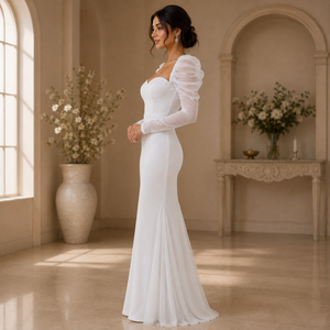 Luxury White Sweetheart Neck Mermaid Evening Gown for Women Elegant Wedding Reception Party Dress Puff Tulle Sleeve Formal Maxi - Product Image 4