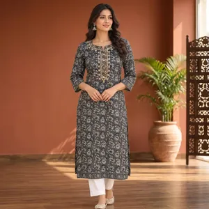 Mezcla Perfecta de Elegancia Tradicional y Comodidad Moderna, Vestido Midi de Algodón Tejido Bordado Gris para Mujer, Cintura Holgada, Estampado Floral, para Uso Diario - Product Image 5