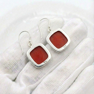 Handmade <b>Solid</b> 925 Sterling <b>Silver</b> Gemstone <b>Earrings</b> Bezel Setting Red Coral Square Boho Dangle Drop <b>Earrings</b> For Women - Product Image 4