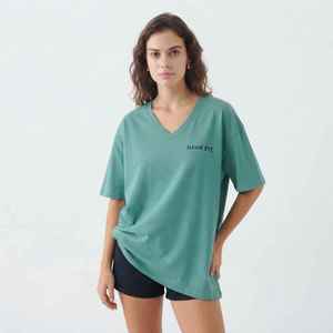 Camiseta de Manga Corta con Cuello en V para Mujer, Color Verde Azulado, Corte Holgado, 100% Algodón, Estilo Casual, con Logotipo, para Primavera/Verano - Product Image 3