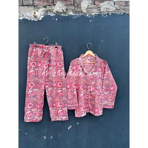 Conjunto de pijama de algodón con estampado floral para mujer, manga larga, informal, holgado, de dos piezas, largo completo - Product Image 1