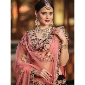 Lehenga Choli de mariée en velours brodé marron avec perles pour femmes - Product Image 5