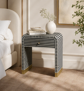 Modern Handmade Durable Bone Inlay Nightstand <b>Bedside</b> Table Black <b>White</b> Striped Side Cabinet for Apartment Farmhouse Bedroom - Product Image 2