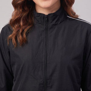 Veste de course coupe-vent noire pour femme, manches longues, col montant, fermeture éclair, couleur unie, design à rayures contrastées, vêtement d'automne - Product Image 4