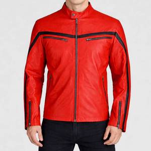 Lorenzo Red Stripped Caf <b>Racer</b> <b>Jacket</b> Genuine Leather Streetwear Style Men's - Café <b>Racer</b> <b>Jacket</b> Red Leather - Product Image 1