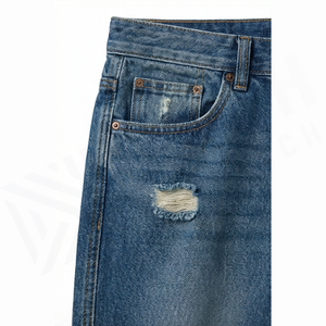 Straight-Leg High Waist Distressed <b>Denim</b> Jeans Men Regular Fit Cotton Casual Style Spring Washed Blue Pants - Product Image 5