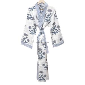100% Cotton <b>Kimono</b> Robe Floral V-Neck <b>Long</b> Sleeves Soft Breathable Quick Dry Women's Sleepwear Gown Belt Closure Full Length - Product Image 4
