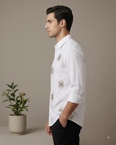 Men's <b>White</b> Cotton Embroidered Casual <b>Shirt</b> Full Sleeve Turn-down Collar Hand Embroidery Back Eye Pattern Summer Wear - Product Image 2