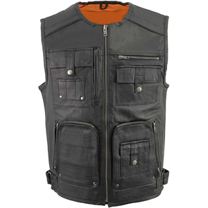 Samroz Sports Men's Black ‘Super <b>Utility</b>-Multi Pocket <b>Vest</b>’ Motorcycle Biker Leather <b>Vest</b> - Product Image 2