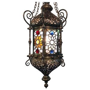 Handmade <b>Brass</b> <b>Lantern</b> With Colored Glass Panels Intricate Design For Home Decoration - Product Image 1