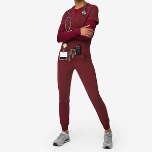 Medical <b>Scrub</b> Uniform 3 Piece <b>Set</b> V-Neck Top Jogger Pants Long Sleeve Layer Wholesale OEM Healthcare <b>Scrubs</b> <b>Set</b> with Undershirt - Product Image 4