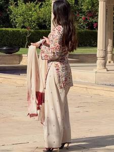 Floral Printed Embroidered Cotton <b>Indian</b>/Pakistani Clothing Set Long <b>Top</b> Wide Leg Pants Shawl Outfit for Prom Beach Diwali - Product Image 3