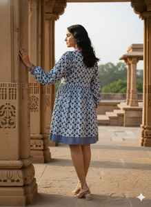 Vestido Midi Azul con Estampado Floral Hecho a Mano, Túnica de Algodón con Volantes para Verano, Vestido Étnico Bohemio para Mujer, Hecho por Artesanos Indios, Lavable, Natural - Product Image 2