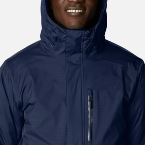 Blouson matelassé en toile bleu marine à capuche pour homme, doublure Sherpa, fermeture éclair, coupe-vent, design décontracté hiver, rembourrage en polyester à motif lettres - Product Image 4