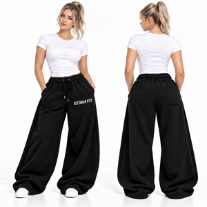 Pantalon en molleton personnalisé jaune moutarde pour femme, coupe large, taille mi-haute, cordon élastique, coupe régulière, longueur intégrale, style streetwear - Product Image 2