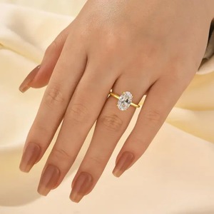 Trendy 925 Sterling <b>Silver</b> Moissanite Vintage <b>Solitaire</b> Oval Cut Hidden Halo Engagement <b>Ring</b> 3.0 Carat 11x7mm Yellow Gold Plated - Product Image 2