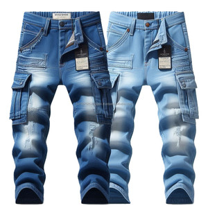 Pantalon en jean taille haute élégant pour hommes Pantalon en jean cargo à motif uni multi-poches Pantalon en jean cargo confortable à coupe personnalisée - Product Image 2