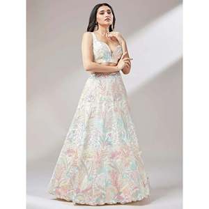 Off-White <b>Sequins</b> Soft Net Wedding Lehenga Choli for Women - Product Image 5