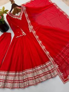 Traje Anarkali Rojo Bordado Hasta el Suelo con Dupatta, Vestido de Boda Tradicional Indio Pakistaní para Mujer, Corte Holgado, Poliéster - Product Image 5