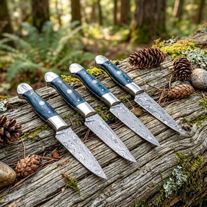 Ensemble de 4 couteaux à steak en acier Damas faits à la main, manche en bois avec étui en cuir, couteaux pliants professionnels de qualité supérieure - Product Image 4