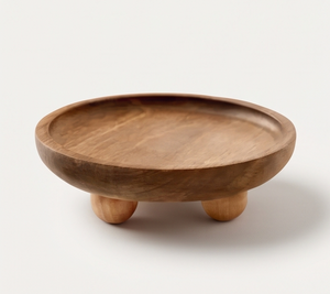 Plateau de service rond en bois de manguier finition naturelle, plateau décoratif en bois avec rebord surélevé et pieds en boule - Product Image 5