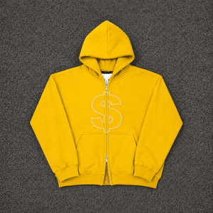 Sudadera con capucha amarilla extragrande con cremallera y logo de signo de dólar, diseño gráfico personalizado de streetwear, unisex, informal, a la moda. - Product Image 5