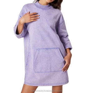 Women's Purple 100% Cotton Streetwear Sweatshirt Dress Oversized Hood Custom Acid Wash Hooded Collar Sequined Badge Front - Product Image 5