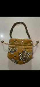 Velvet <b>Pearl</b> Beaded Potli Bag Ladies Embroidered <b>Clutch</b> Handbag Braided Handle Drawstring Cotton Lining Decorative Evening Purse - Product Image 3