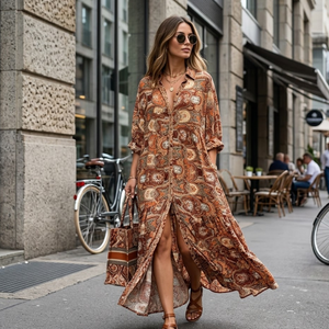 Elegante Vestido Maxi de Seda para Mujer, Talla Única, Estilo Boho Paisley, Kaftán de Lujo, Manga Larga, para Vacaciones, Holgado y Fluido - Product Image 5