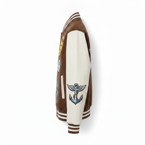 Veste varsity marron pour homme avec motifs brodés, col rabattu, vêtement décontracté pour l'automne - Product Image 4