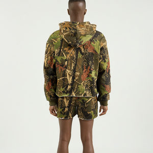 Tree <b>Camouflaged</b> Two Piece Tracksuit for Men Y2K High Streetwear Zip-up Hoodie & Short Set French Terry Cotton Men's Tracksuit - Product Image 4