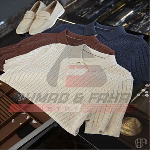 Polo en maille torsadée pour homme, mélange lyocell et lin, motif pointelle rayé, coupe ajustée asiatique, hauts décontractés d'été – Vente en gros - Product Image 5