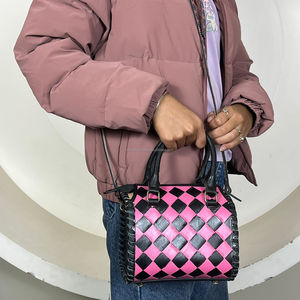 Designer Pink & Black Checkered Hand <b>Tooled</b> <b>Leather</b> Small Speedy Bag Compact Women Top Handle Mini Shoulder Crossbody Duffel Bag - Product Image 4