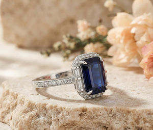 Pragalbh Jewels Wholesale 925 <b>Silver</b> <b>Emerald</b> Cut Blue Stone Halo <b>Ring</b> with Moissanite Accent Stones Luxury Fine Jewelry - Product Image 4