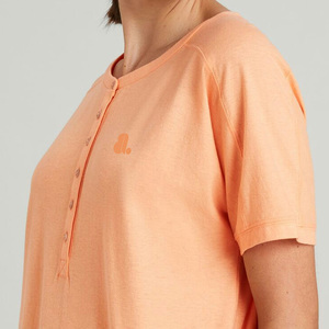 Women's Peach Short Sleeve O-Neck T-<b>Shirt</b> Button Front Solid Color Regular Fit Casual Nonwoven Breathable Eco-Friendly Logo 100% - Product Image 6