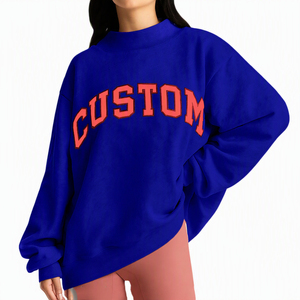 Custom Dark Navy Women Drop Shoulder Oversized Mock Neck Fleece Sweatshirt Soft Loose Fit Pullover Wholesale USA <b>UK</b> Europe EU - Product Image 1