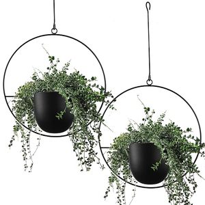 Pot de fleurs suspendu minimaliste moderne avec cadre métallique circulaire, finition noire en poudre, pour intérieur et extérieur - Product Image 1