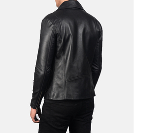 Veste moto en cuir véritable noir pour homme, col rabattu, fermeture éclair, coupe ajustée, longueur normale, pour l'automne - Product Image 3