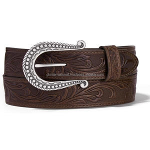 Cinturón de herramientas de cuero occidental marrón en relieve floral personalizado para hombres y mujeres con cinturón de hebilla de latón plateado mate elegante - Product Image 1