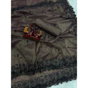 Sari en organza à imprimé floral avec de magnifiques broderies au fil pour les fêtes - Product Image 2