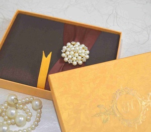 Luxury Chocolate Brown Silk-Look <b>Wedding</b> Invitation <b>Box</b>, Burgundy Ribbon, Pearl Crystal Brooch, Gold Silk Lining, Gift Sleeve - Product Image 4