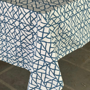 Geometric Pattern <b>Tablecloth</b> Blue and White Diamond Lattice Design with Floral Border Blue Indian Hand Block Printed <b>Tablecloth</b> - Product Image 3