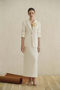 Women's Cream Wool Polyester Blend Skirt <b>Suit</b> Set Blazer V Neck Three Quarter Sleeve Single <b>Button</b> - Product Image 4