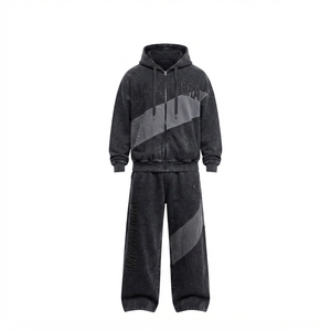 Conjunto de chándal de dos piezas con sudadera con capucha extragrande con cremallera y pantalones de chándal de pierna ancha con patchwork, estilo lavado personalizado - Product Image 3